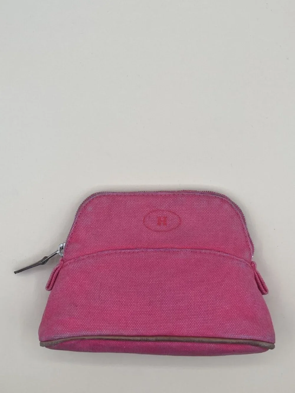 Hermes Cosmetic Pouch Pink-Red Canvas Zip Trousse Case Orange Lining Made in Fra